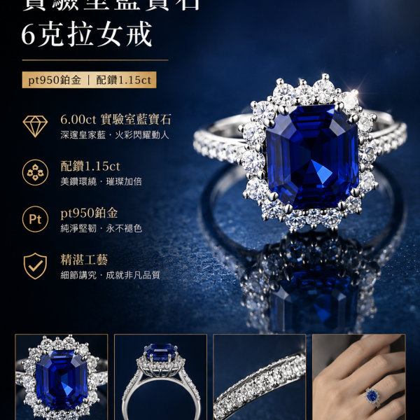 實驗室藍寶石小八角形女戒1克拉 