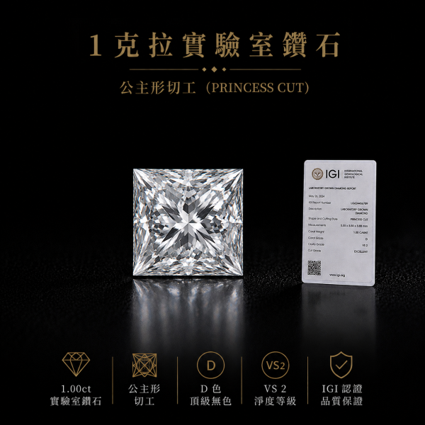 實驗室鑽石公主形IGI.1克拉D.vs2 