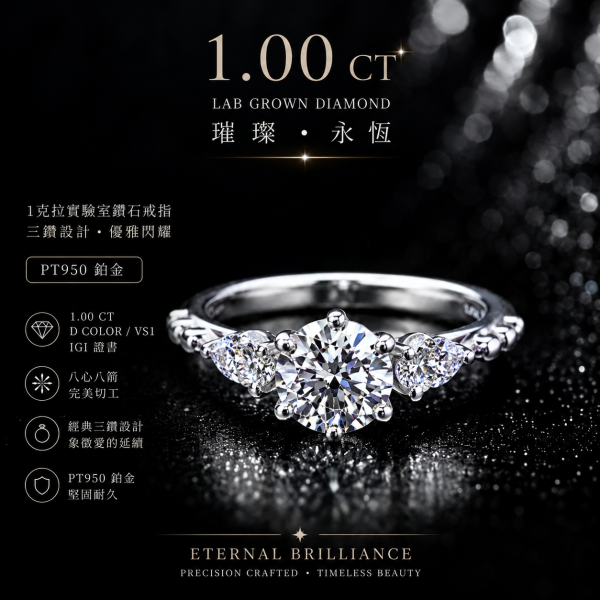 實驗室鑽石圓形女戒1克拉 